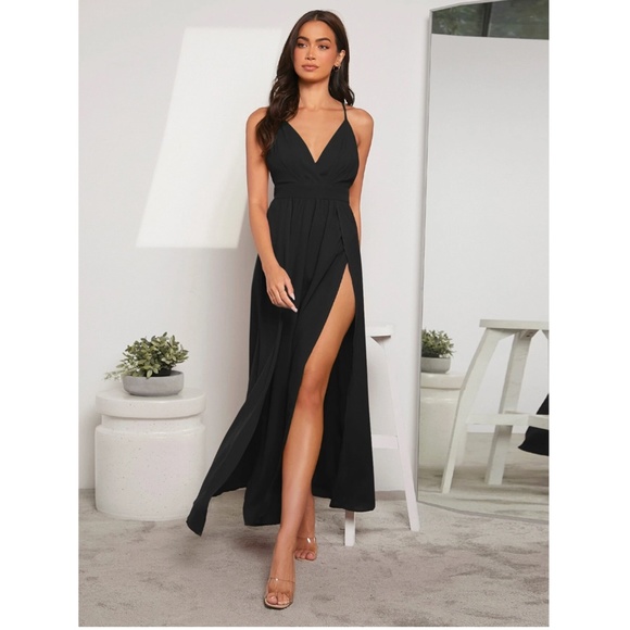 Deep V Backless High Leg Slit Maxi Dress in Black - Picture 1 of 10